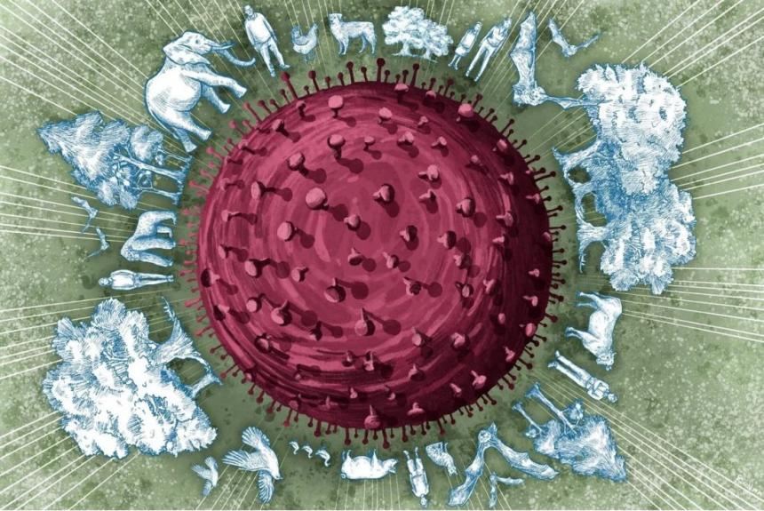 Coronavirus with animals and trees around it